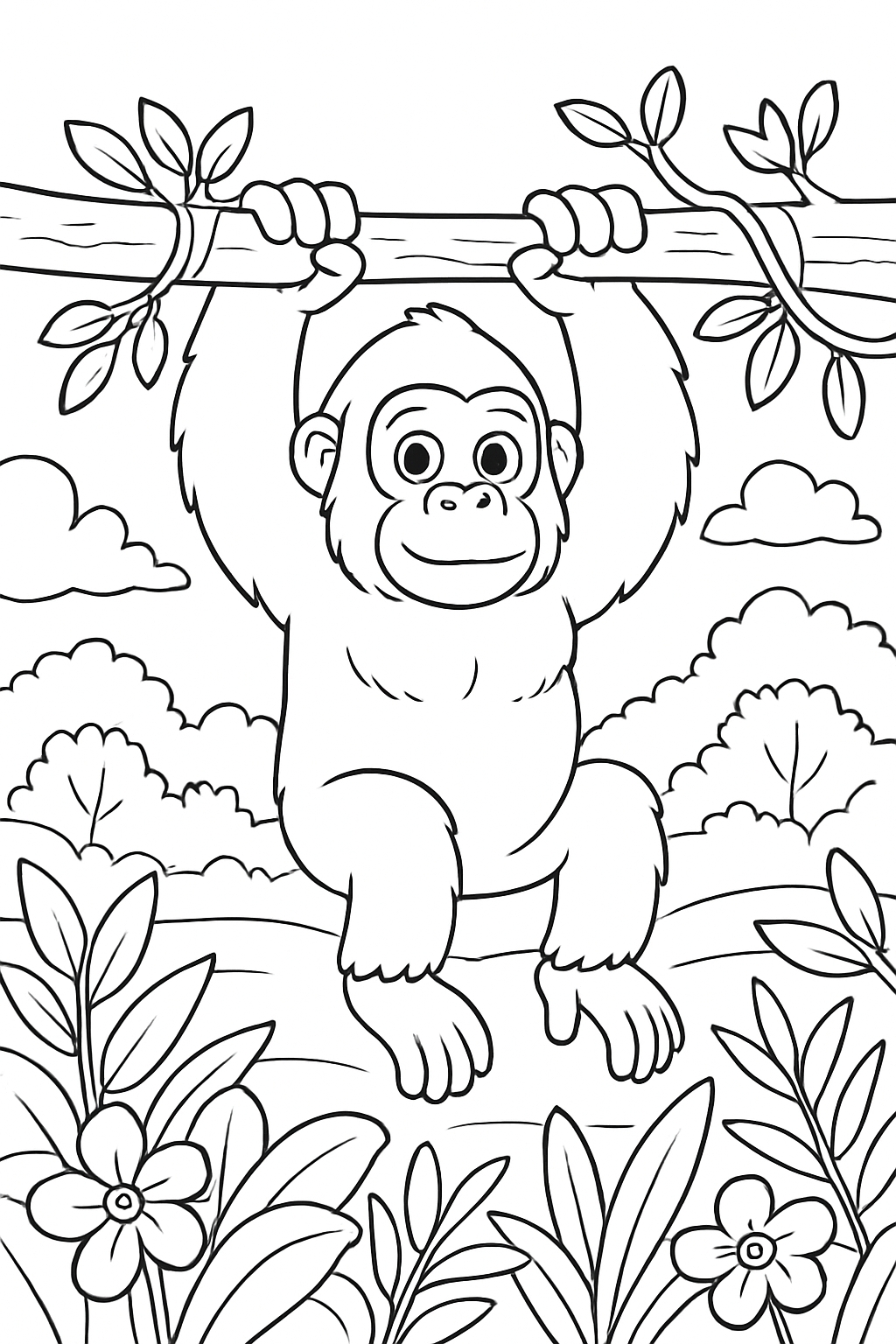 Cheerful Cartoon Chimpanzee in Tropical Jungle Coloring Page