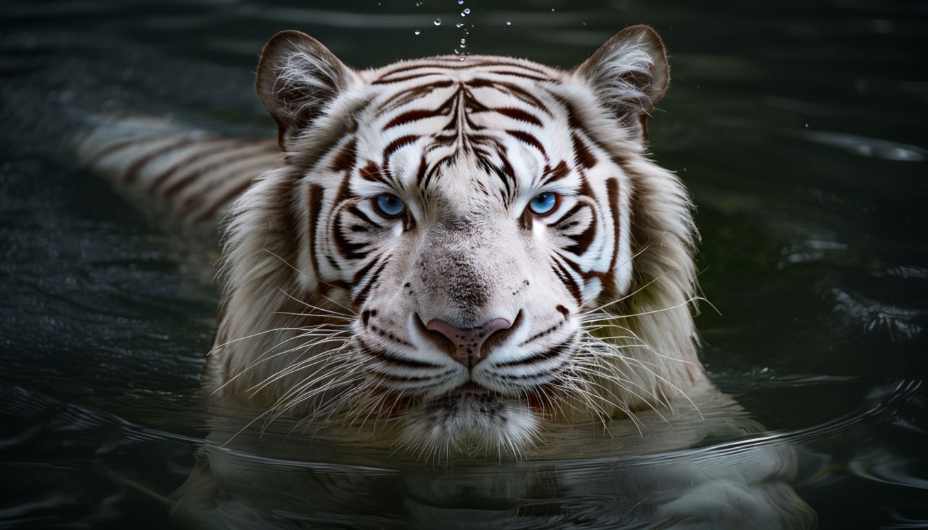 Majestic White Bengal Tiger Swimming in Dark Water Background