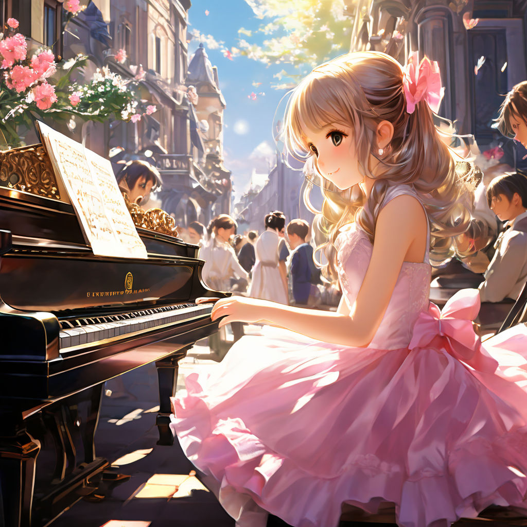 Anime girl wearing a night dress and a piano