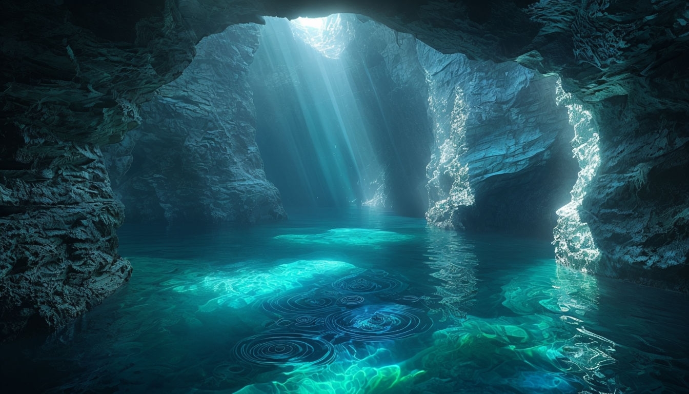 Enchanting Underground Cavern with Mystical Light Effects Background