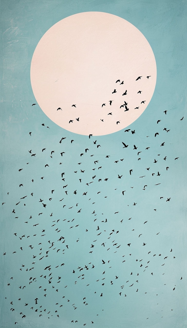 Serene Minimalist Peach Moon with Flock of Birds Mobile Wallpaper