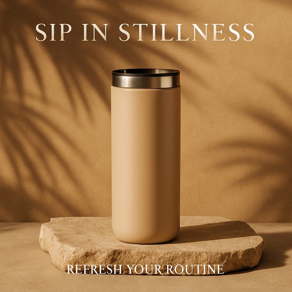 Elegant Minimalist Tumbler with 'Sip in Stillness' Design Ads