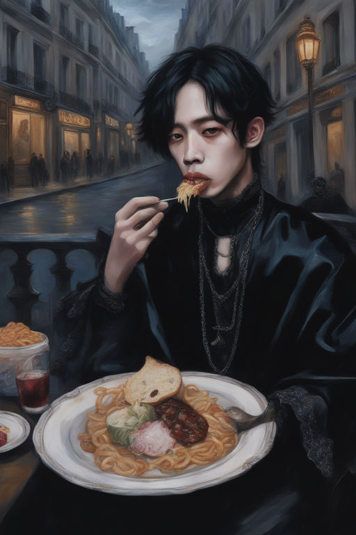 Dark gothic renaissance painting of a kpop artist eating foo... by Jared Sample Playground