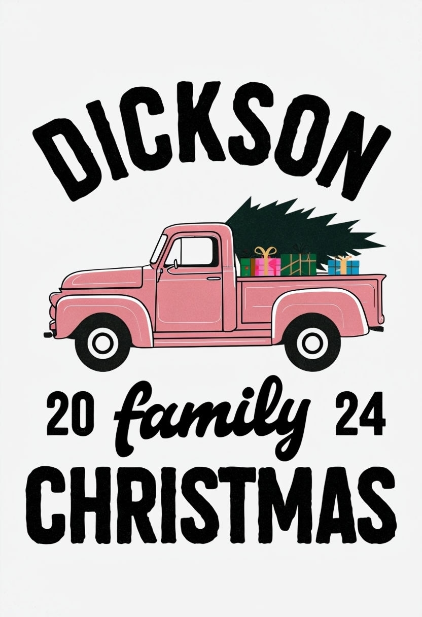 Vintage Pink Pickup Truck Christmas Family T-Shirt