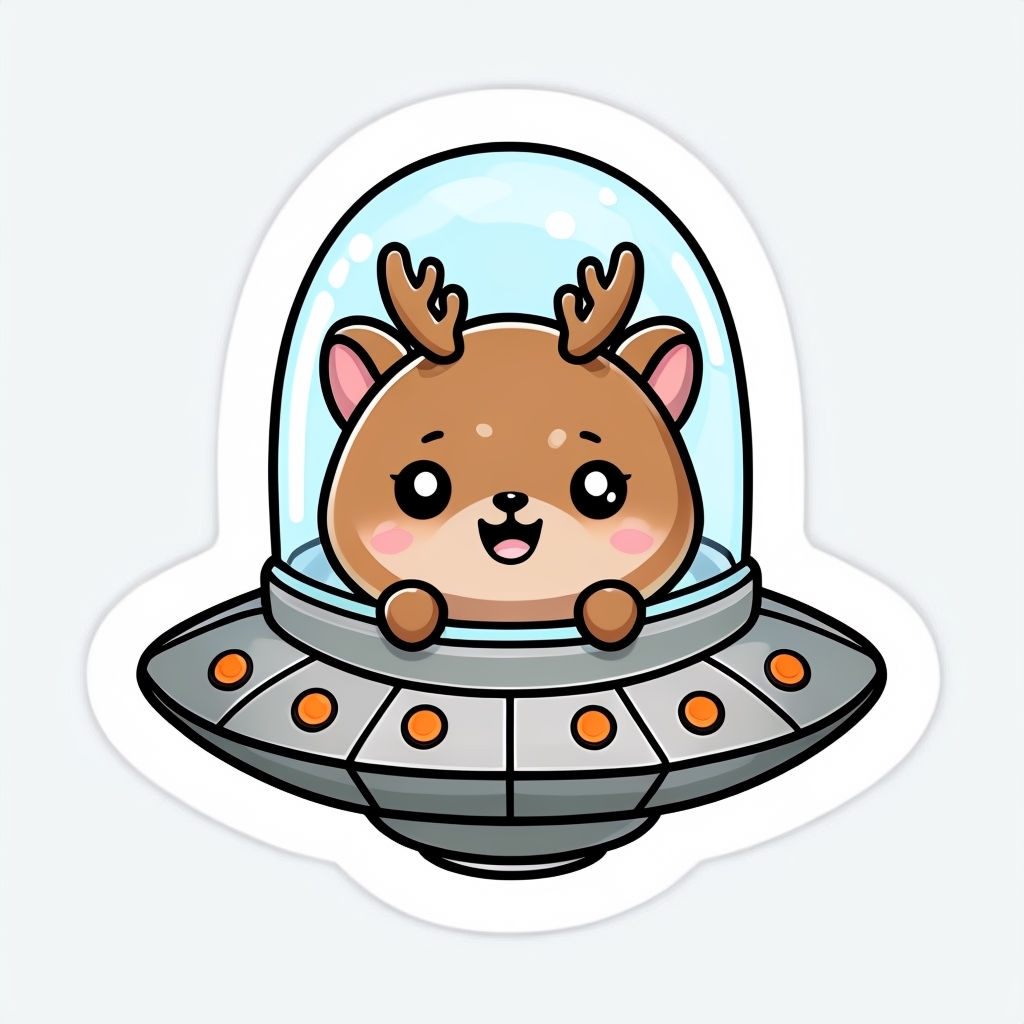 Cute Brown Deer in UFO Cartoon Character Sticker