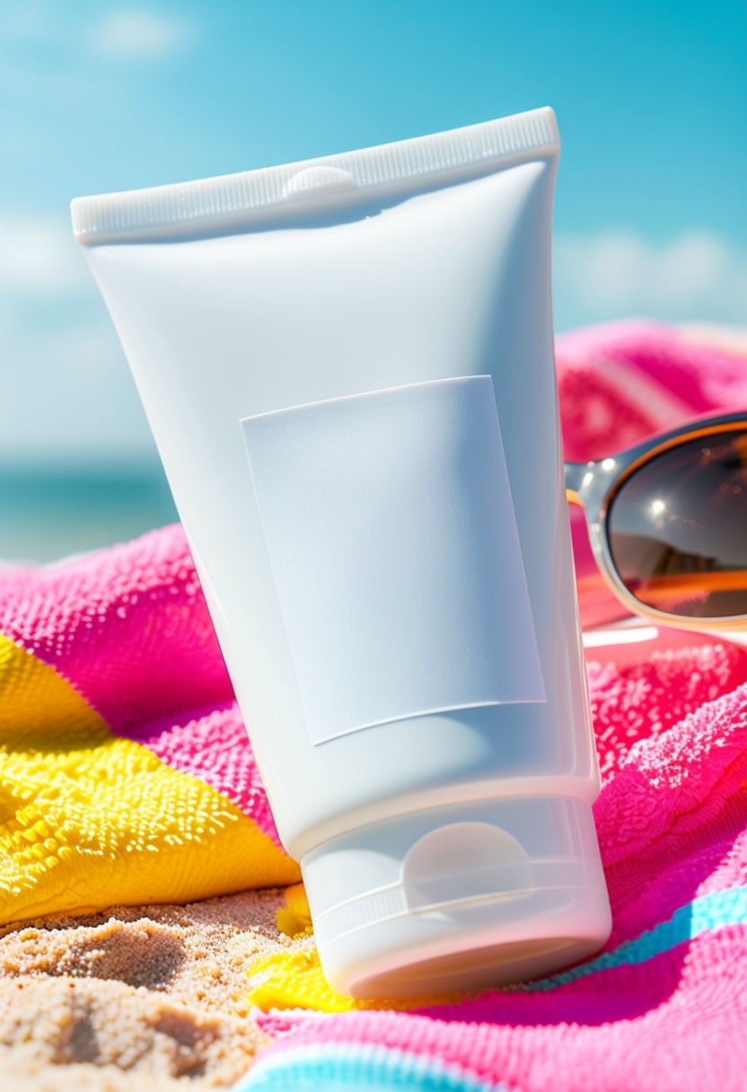 Blank Travel-Sized Squeeze Tube on Colorful Beach Towel Mockup