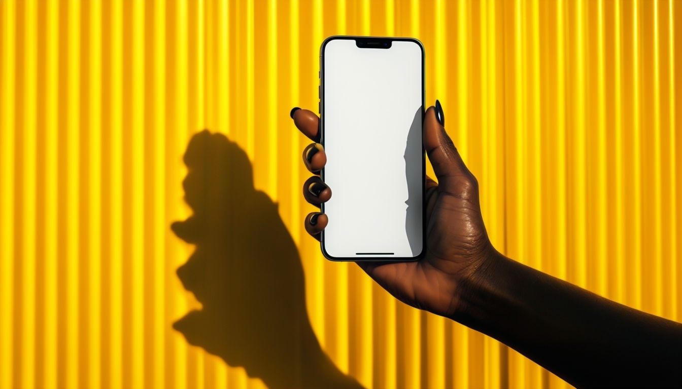 Vibrant Hand Holding Smartphone Against Yellow Ribbed Wall Mockup