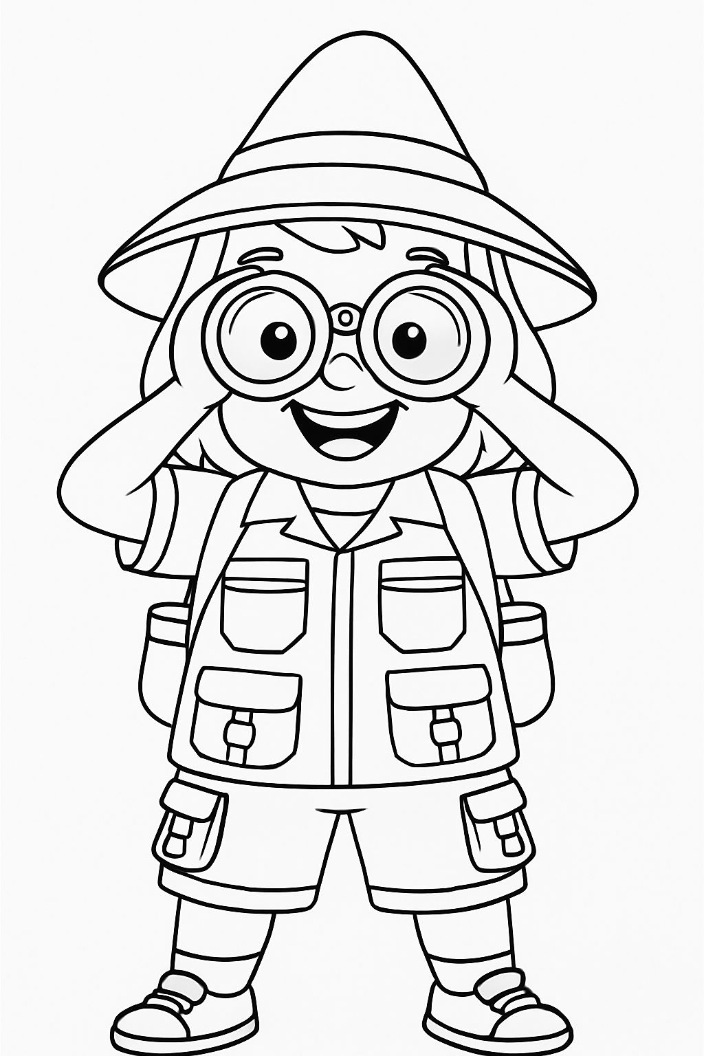 Playful Cartoon Explorer Character with Binoculars Coloring Page