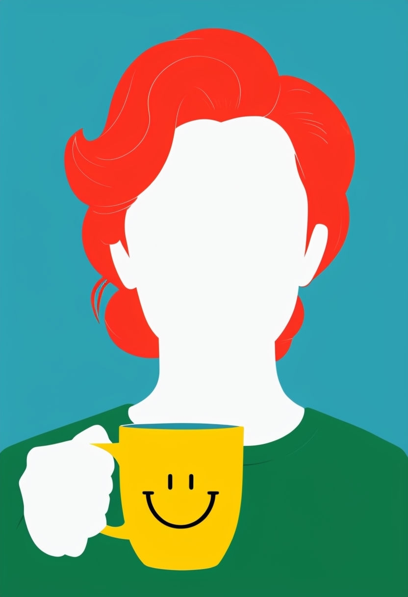 Vibrant Red Hair and Yellow Mug Minimalist Digital Illustration Art