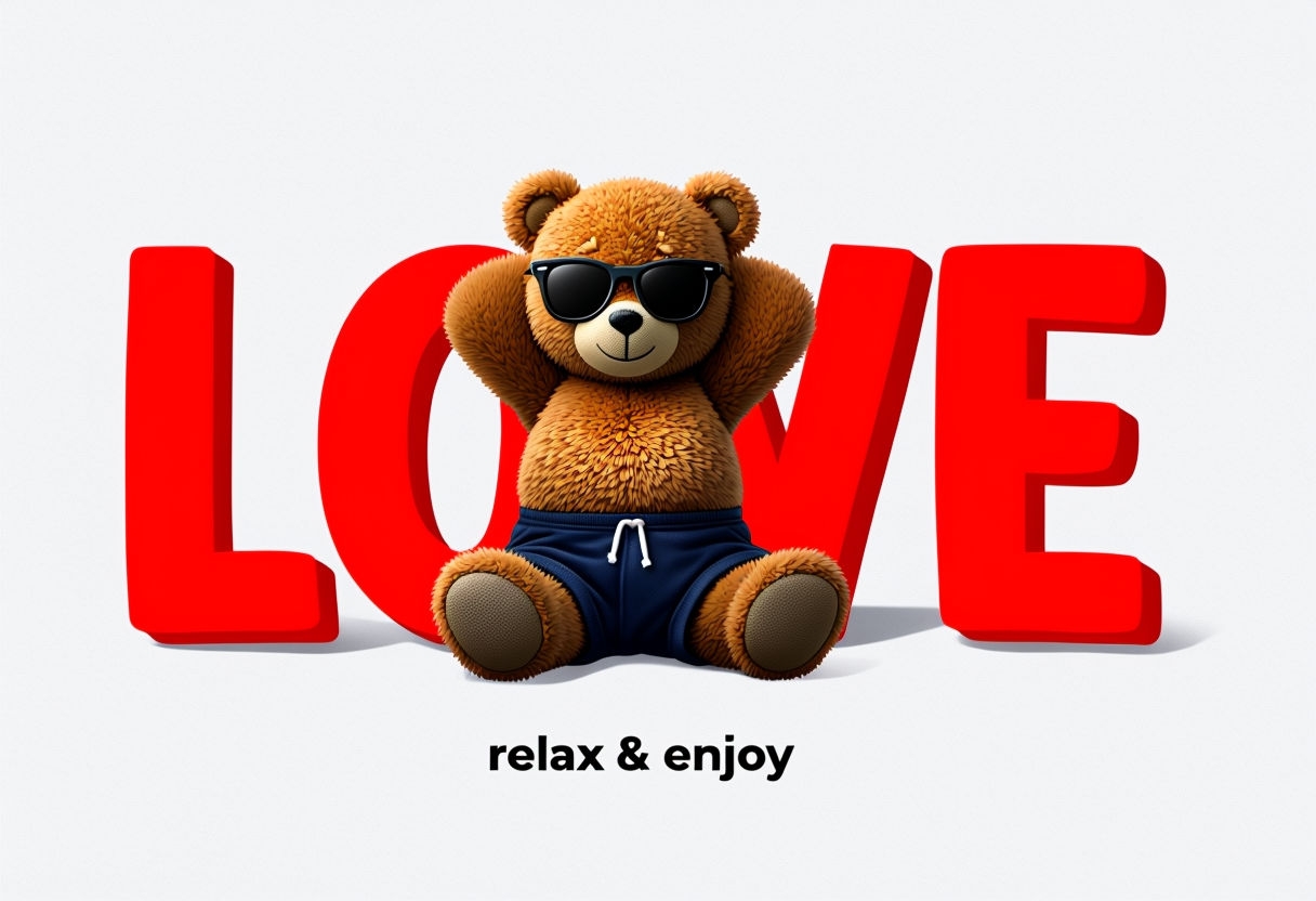 Cute Brown Teddy Bear Relaxing with Love Text T-Shirt