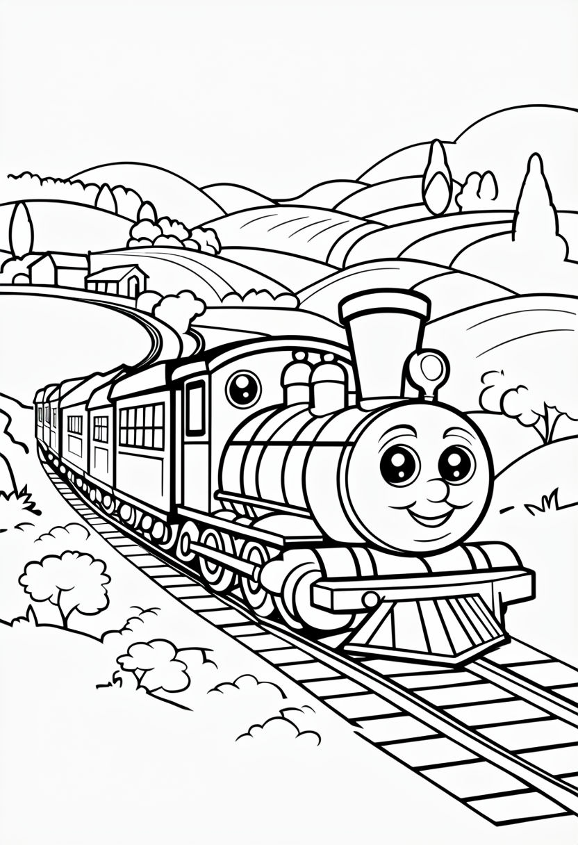 Playful Cartoon Train Line Drawing Coloring Book Page