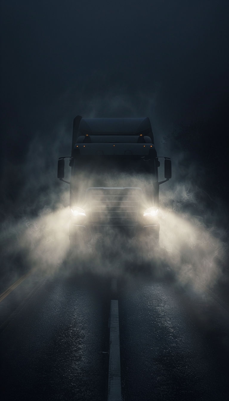 Dramatic Foggy Truck Emerges on Dark Road Mobile Wallpaper