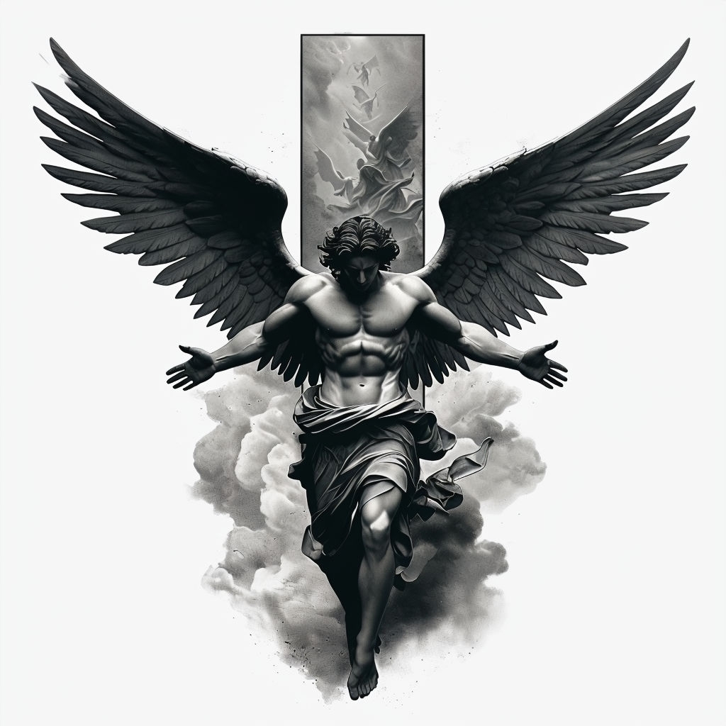 Dramatic Angelic Figure with Wings Monochrome T-Shirt Design