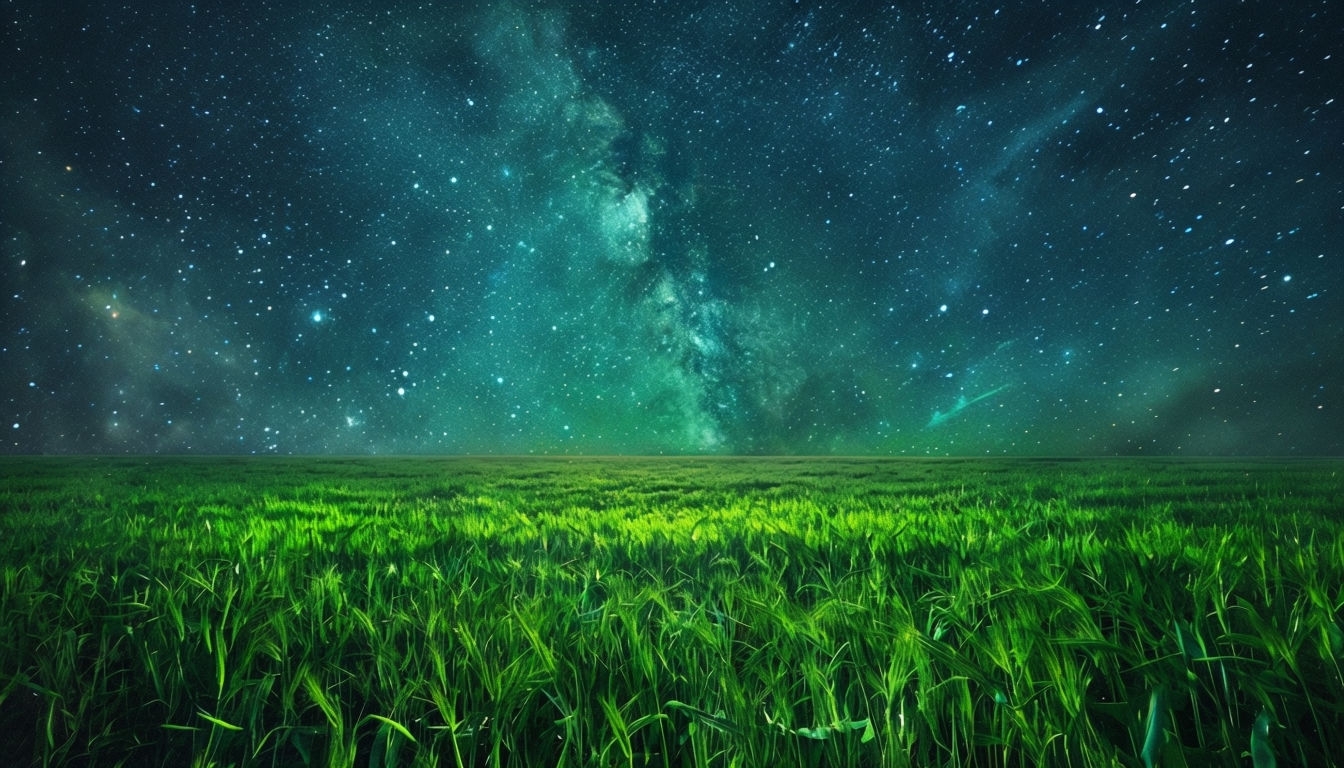 Vibrant Green Grass and Starry Night Sky Landscape Background