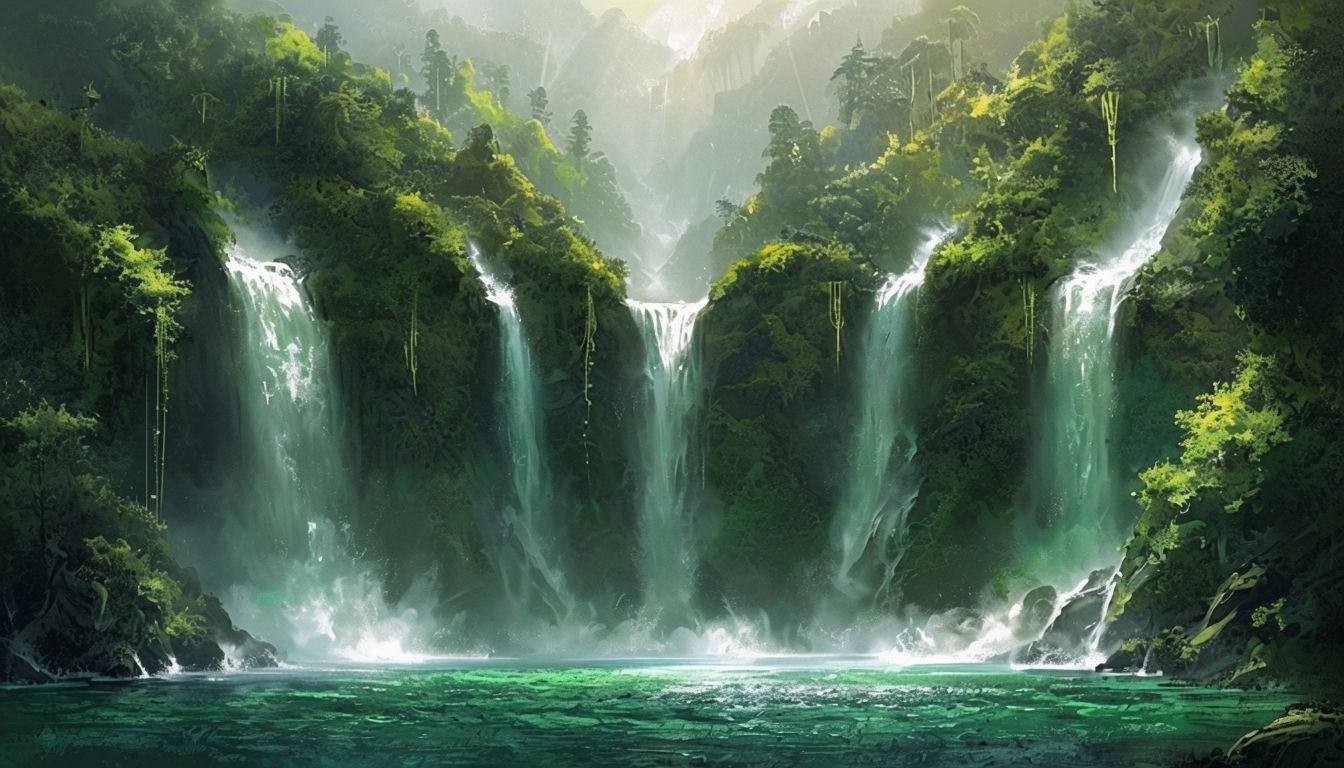 Mystical Waterfalls in Lush Green Landscape Digital Background