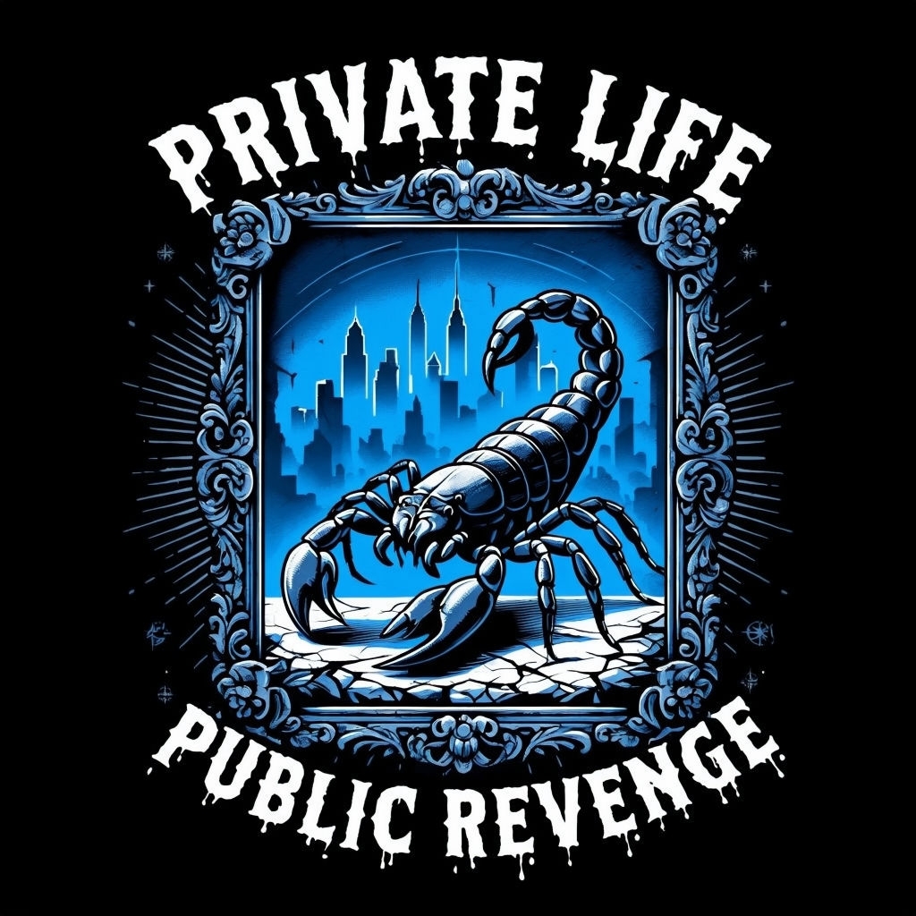 Dramatic Scorpion Illustration with Private Life Public Revenge T-Shirt