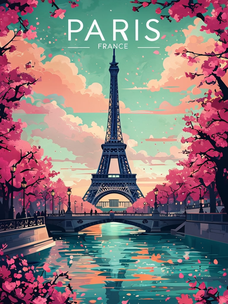 Art Deco Eiffel Tower Paris Cherry Blossoms Scenic Poster