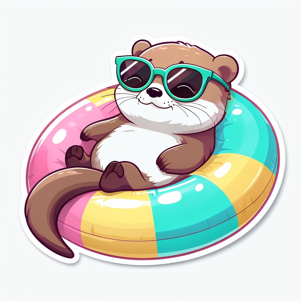 Cute Cartoon Otter on Colorful Inflatable Ring Sticker