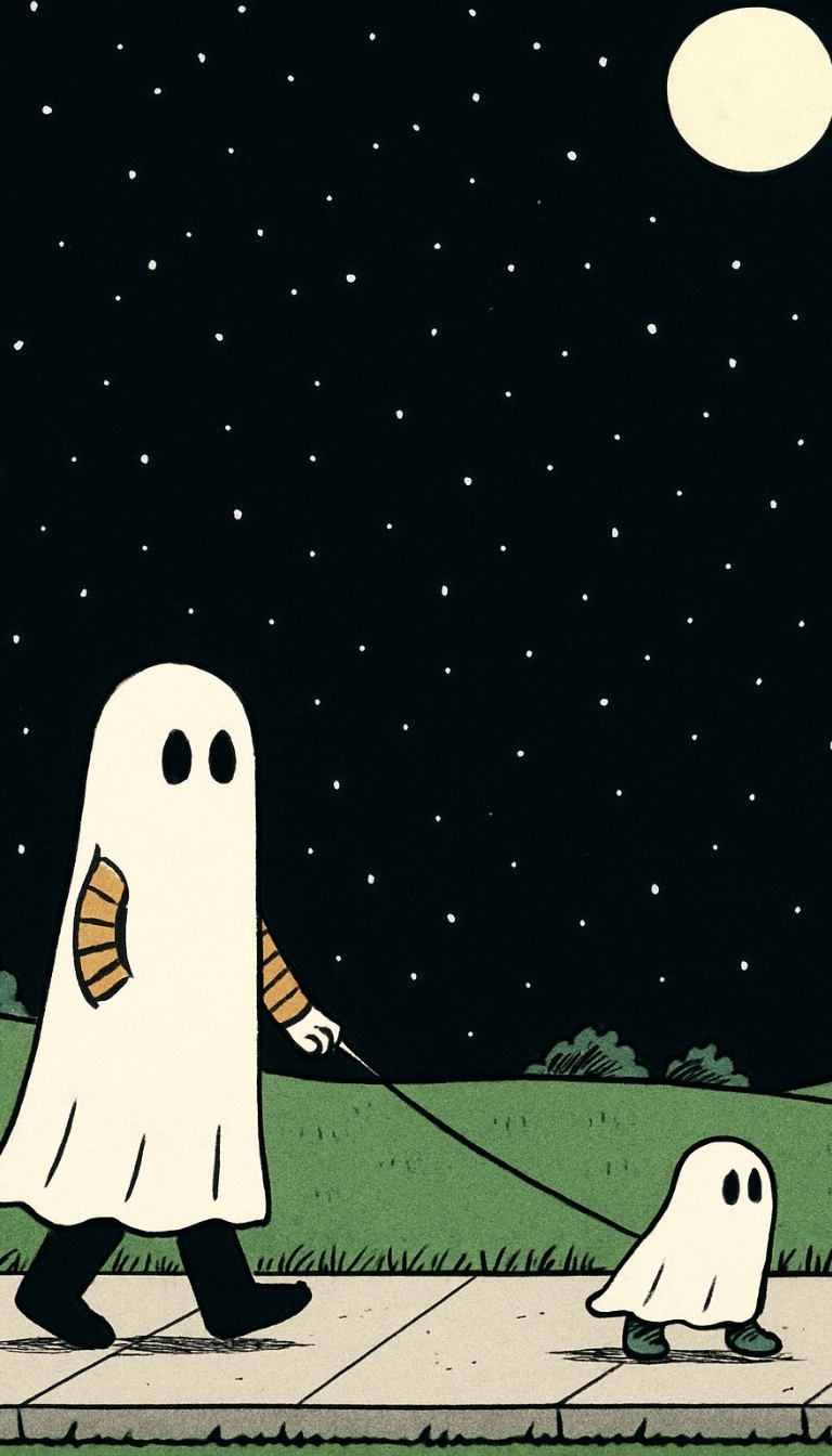 Charming Halloween Ghosts Walking in the Moonlit Park Mobile Wallpaper