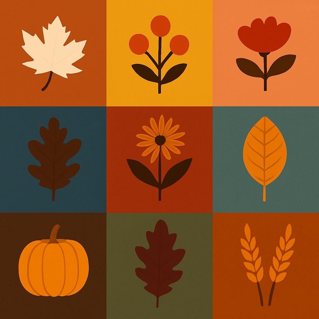 Autumnal Botanical Elements in a Minimalist Grid Pattern Seamless Pattern