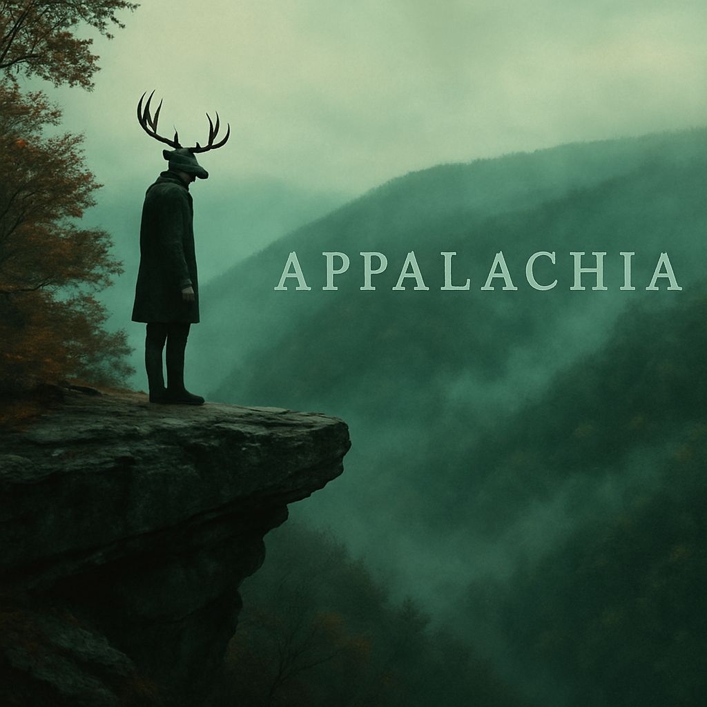 Surreal Stag-Headed Figure on Misty Cliff Album Cover