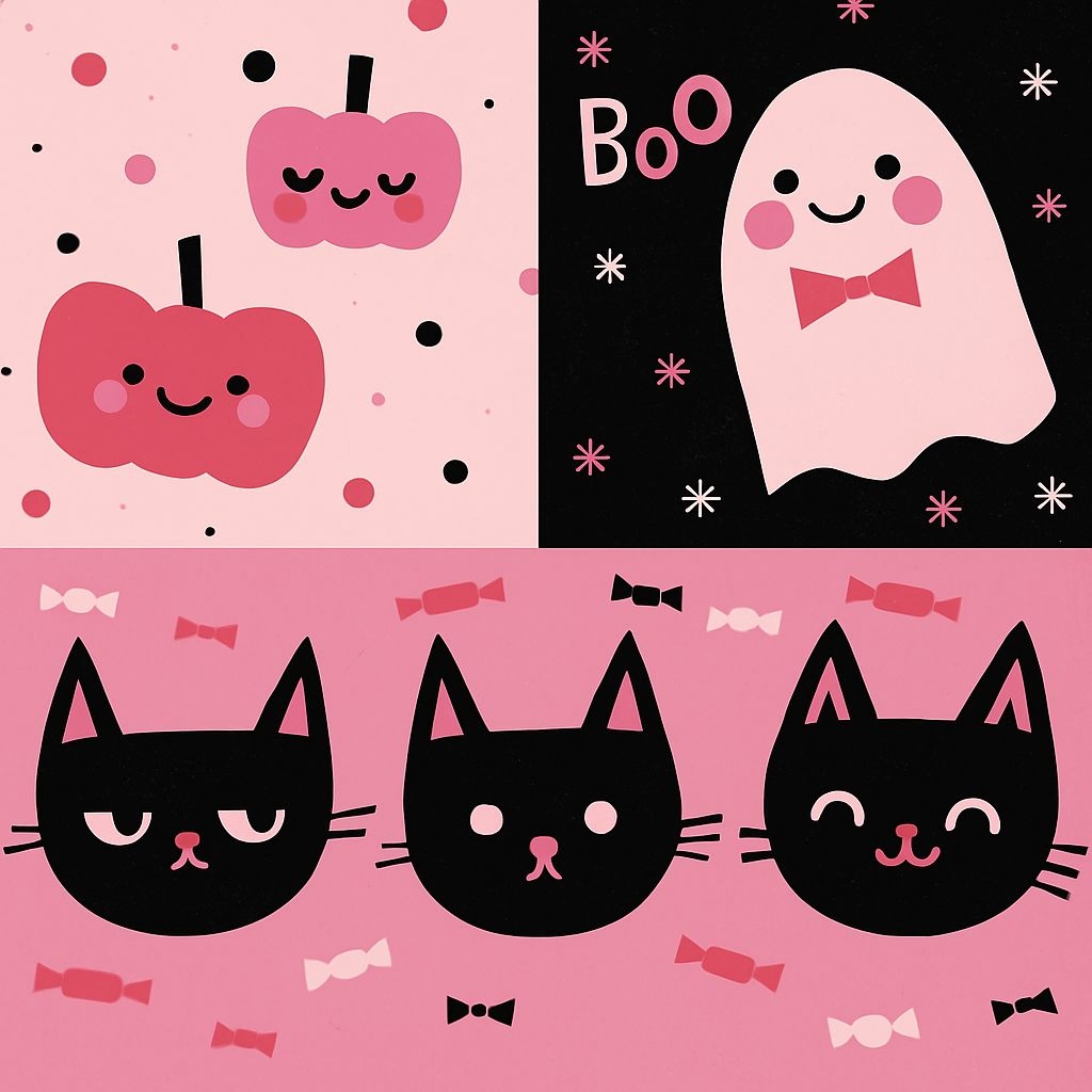 Playful Halloween Cartoon Pumpkins Ghosts and Cats Seamless Pattern
