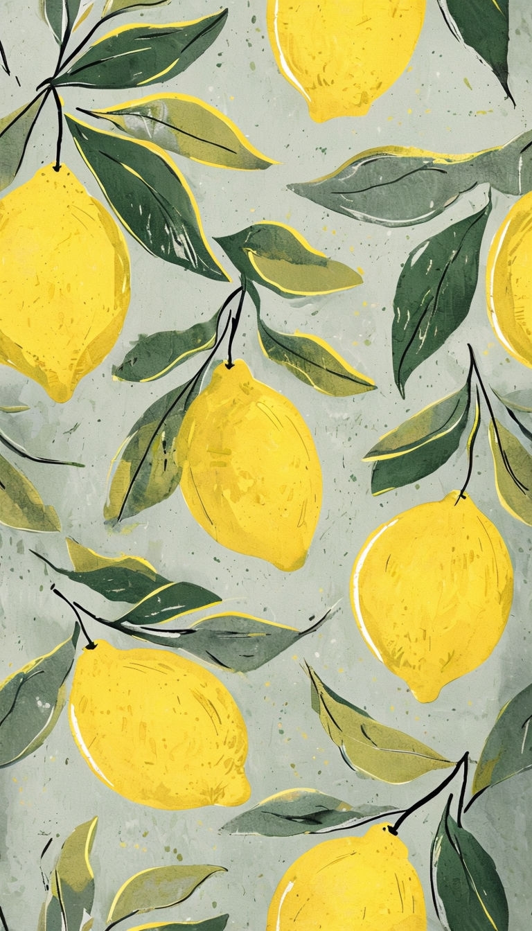Bright Lemon and Green Leaf Pattern Modern Art Mobile Wallpaper