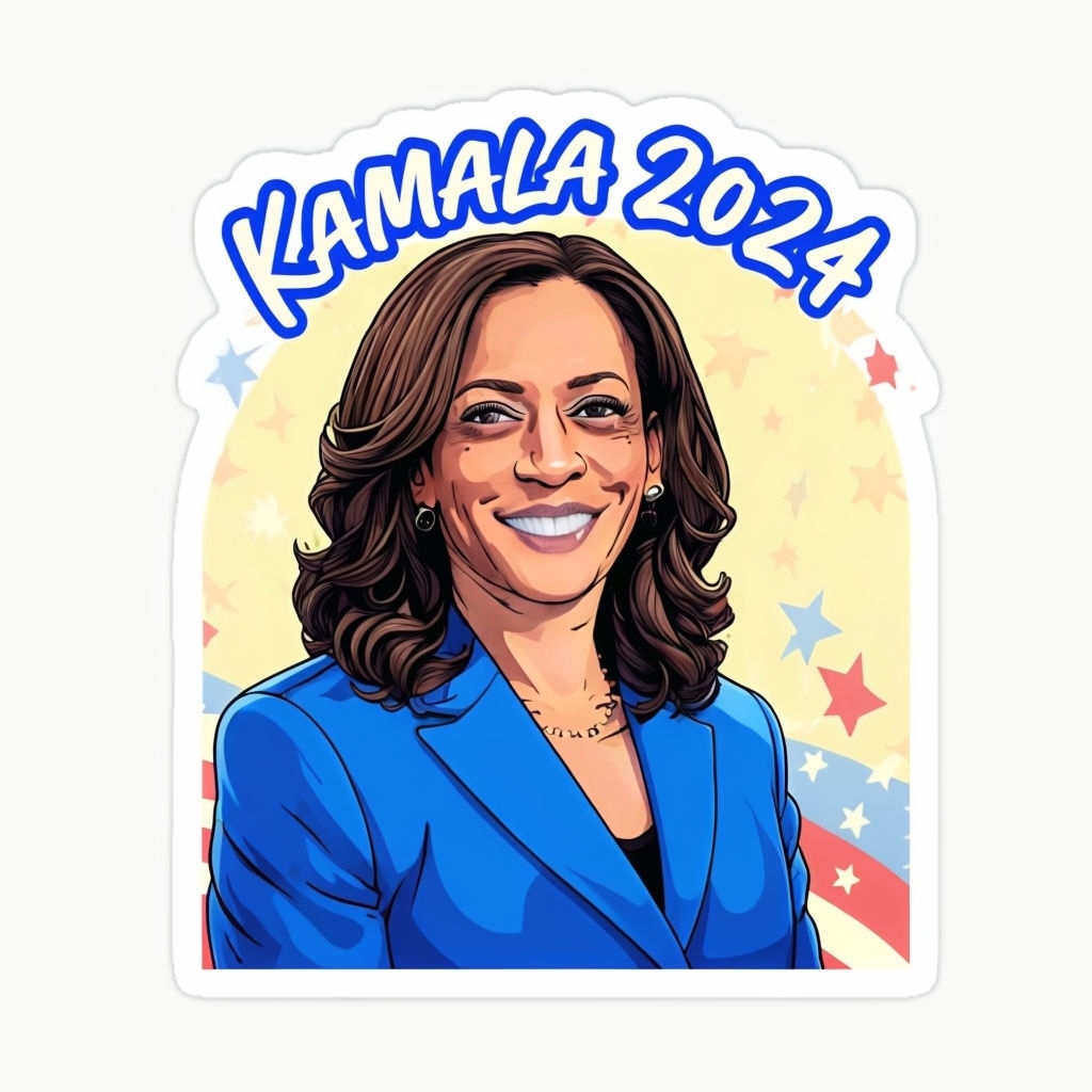 Vibrant Cartoon Kamala Harris 2024 Sticker Design