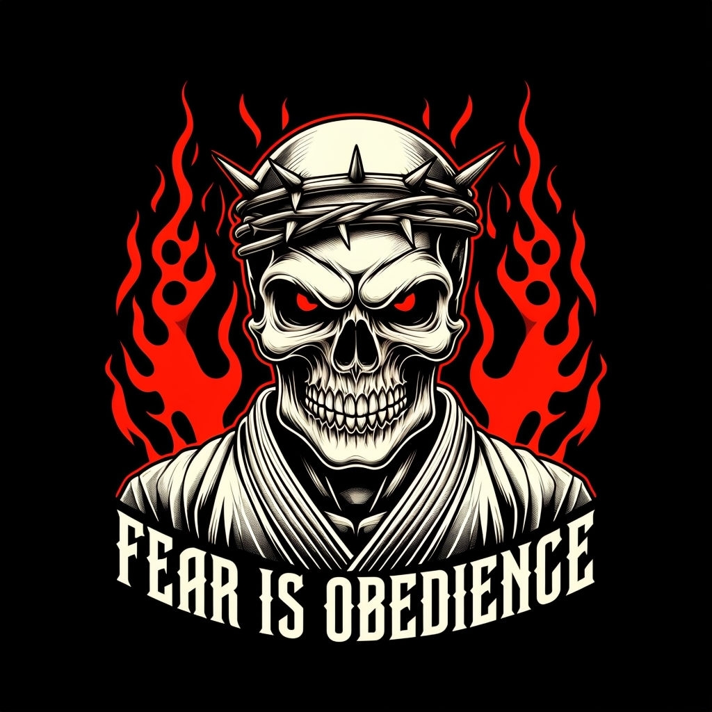 Menacing Skull with Flames and 'Fear is Obedience' T-Shirt