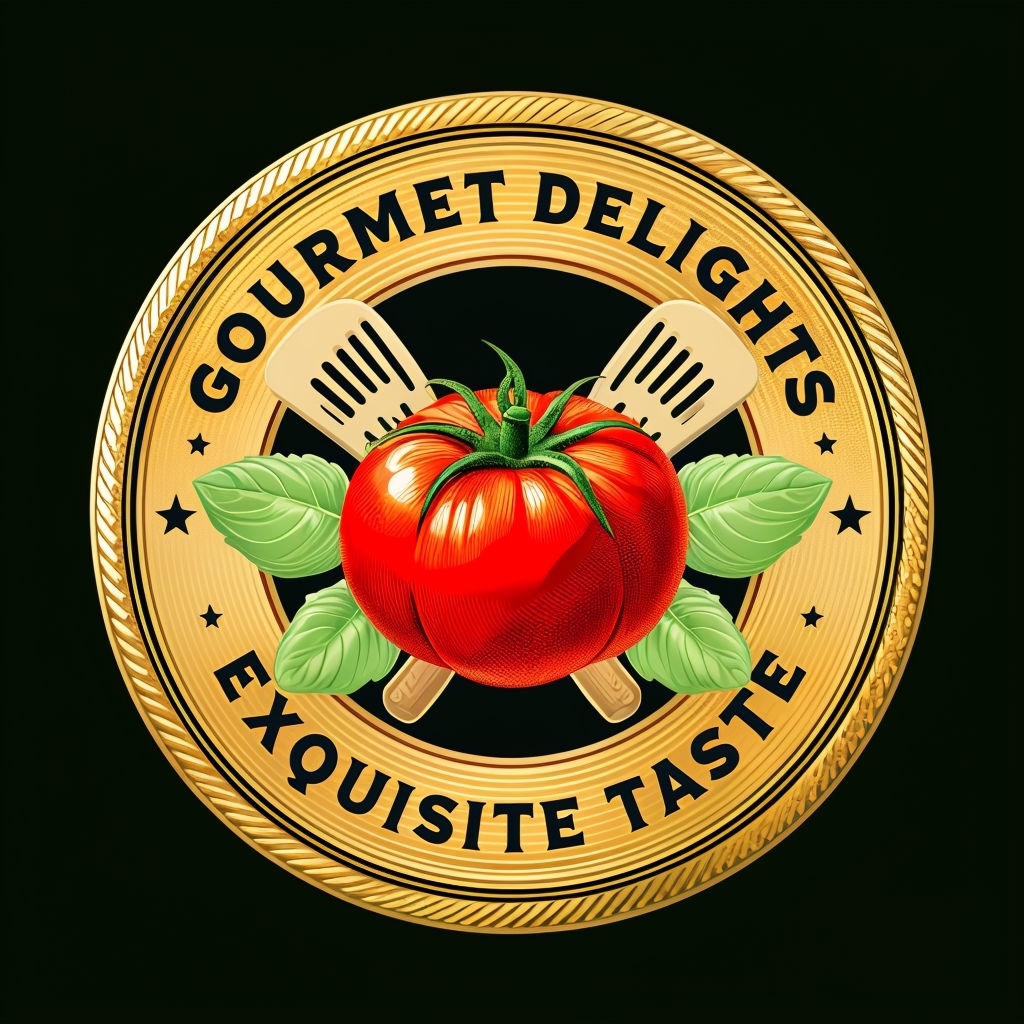 Luxurious Gourmet Delights Logo with Tomato and Basil Design