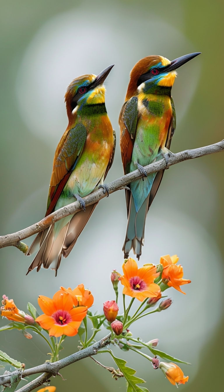 Vibrant Bee-Eaters Perched on Branch with Flowers Mobile Wallpaper
