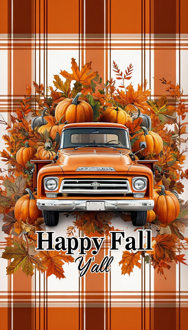 Vintage Orange Pickup Truck with Autumn Pumpkins and Leaves Art