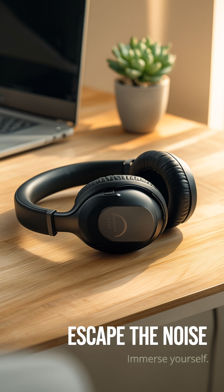 Modern Wireless Headphones Escape the Noise in Workspace Setting Ads