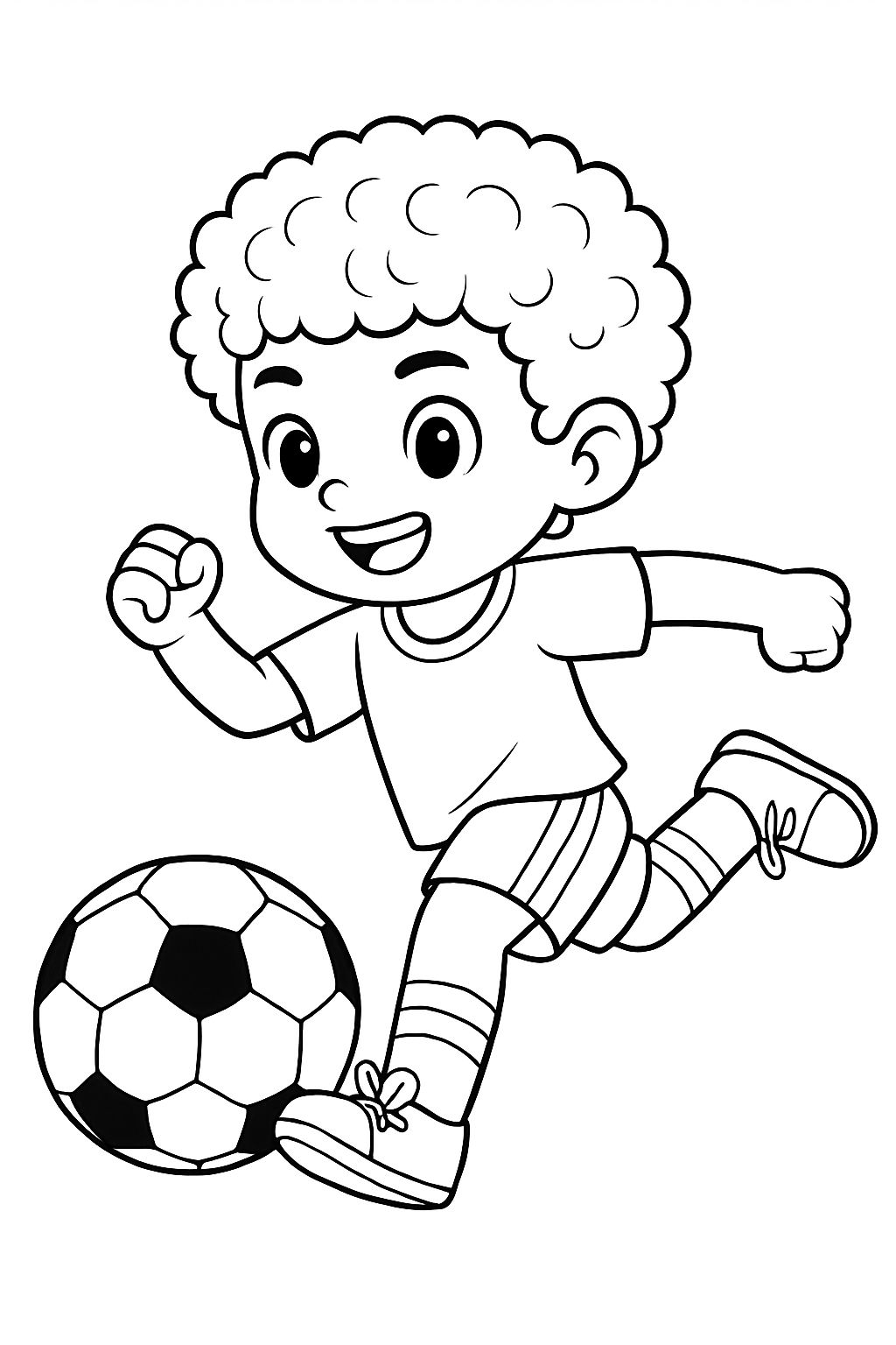 Joyful Cartoon Boy Kicking Soccer Ball Line Drawing Coloring Book Pages