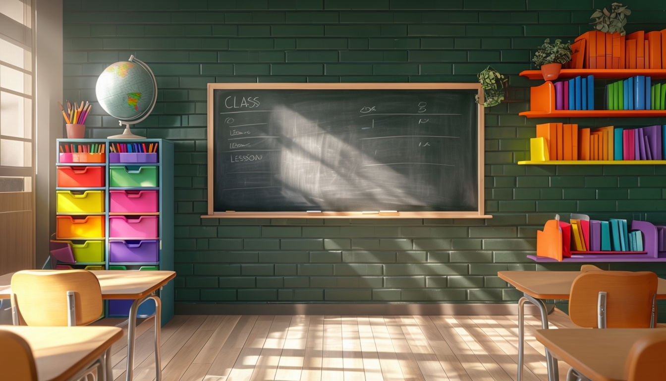 Colorful Classroom Scene with Chalkboard and Desks Poster