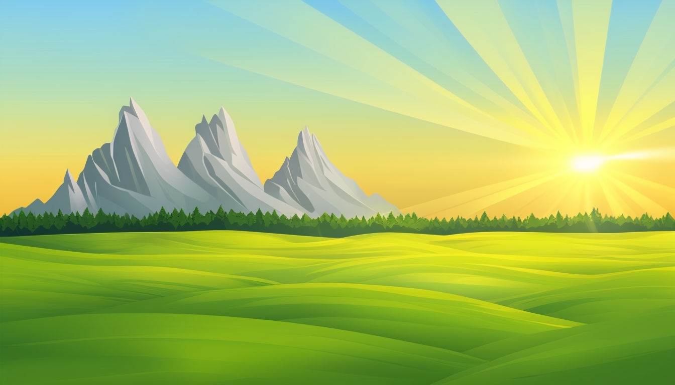 Tranquil Morning Landscape with Sunlit Green Fields Background