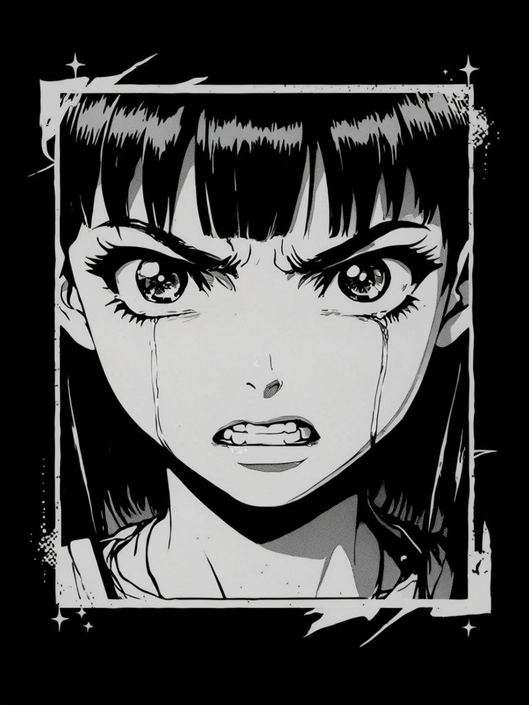 Intense Black and White Retro Anime Girl