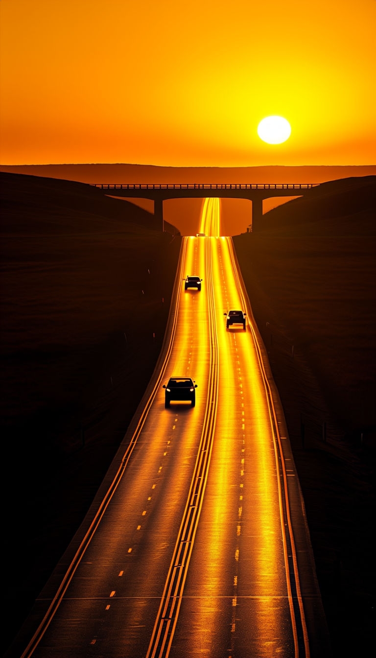 Surreal Sunset Road with Vehicles and Dramatic Landscape Mobile Wallpaper