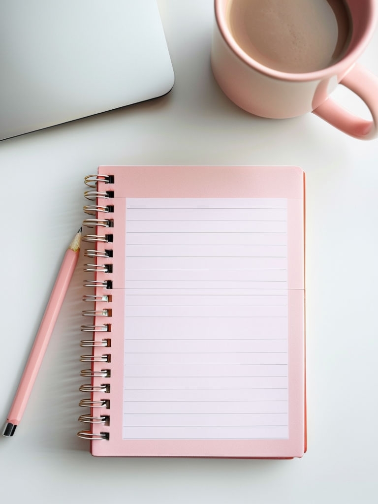 Minimalist Pink Notebook and Workspace Art Mockup