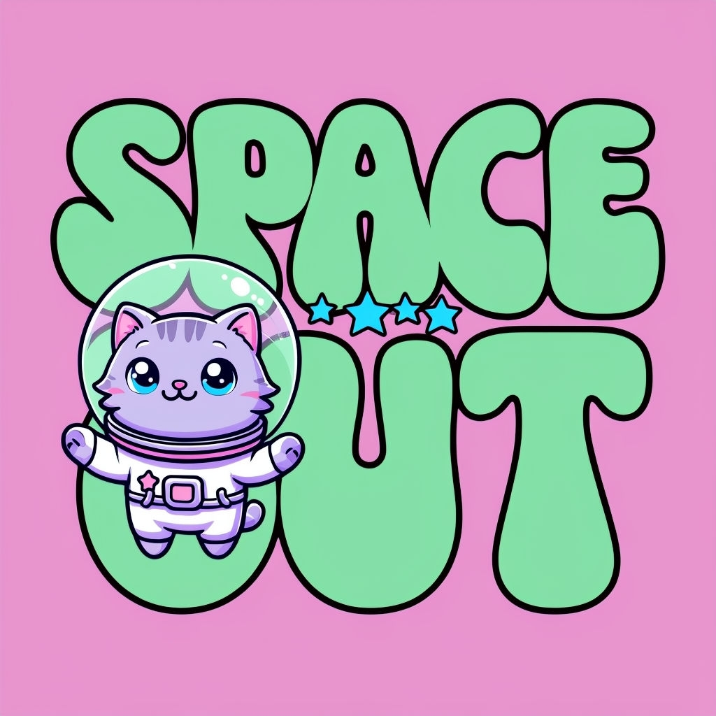 Playful Astronaut Cat and Space Out Cartoon T-Shirt
