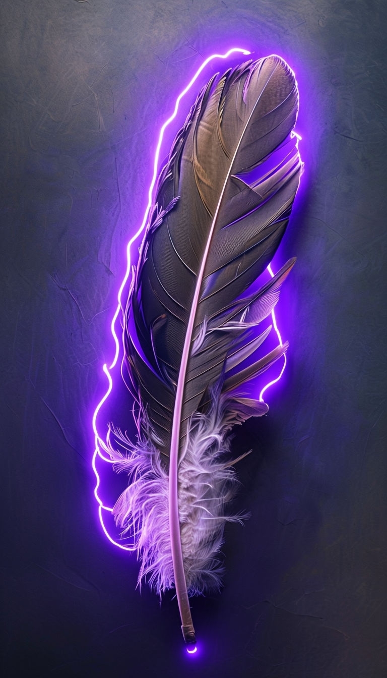 Vivid Hyperrealistic Feather Illustration with Neon Violet Glow Mobile Wallpaper