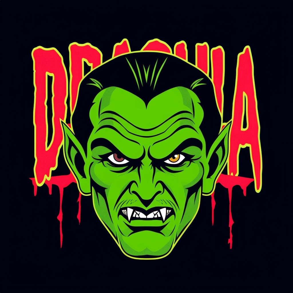 Menacing Cartoon Dracula Illustration with Blood Dripping Text T-shirt