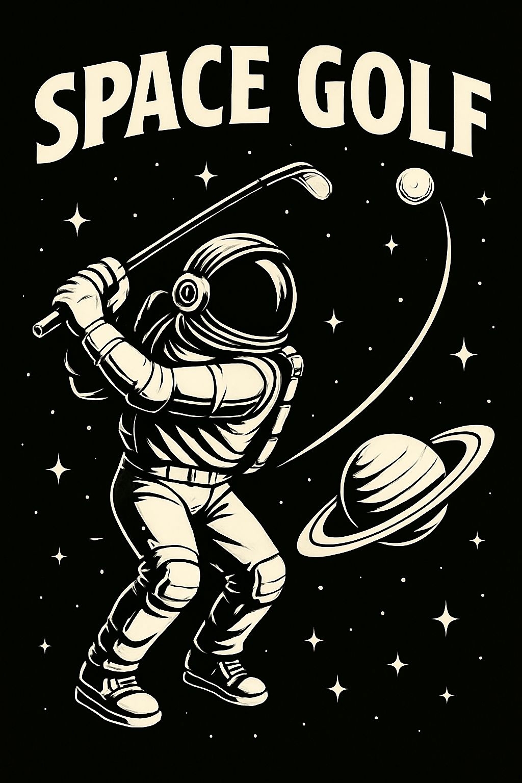 Retro Space Golfing Astronaut Playing in Outer Space T-Shirt