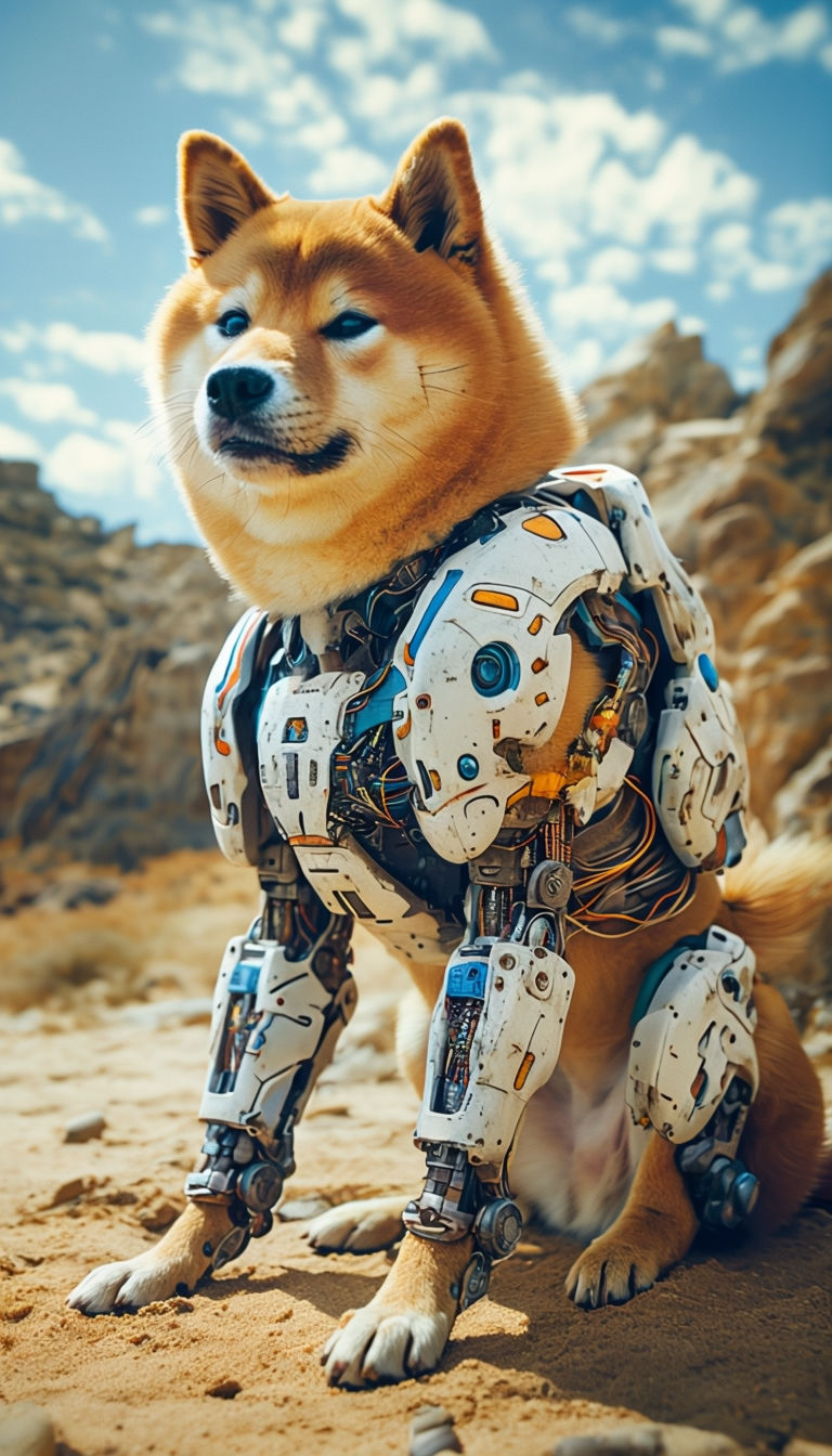 Cybernetic Shiba Inu Dog in Futuristic Landscape Art