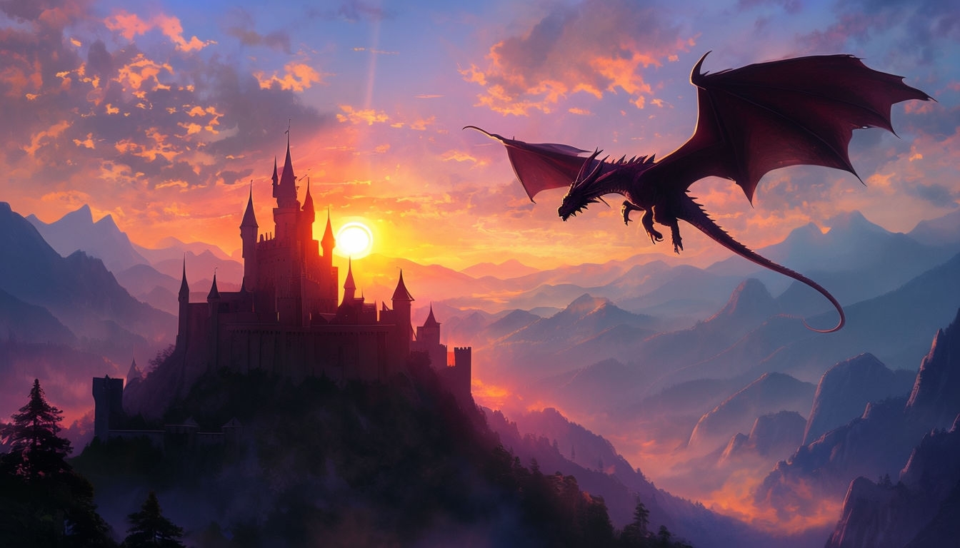 Majestic Dragon Flying at Sunset Over Castle and Mountains Art