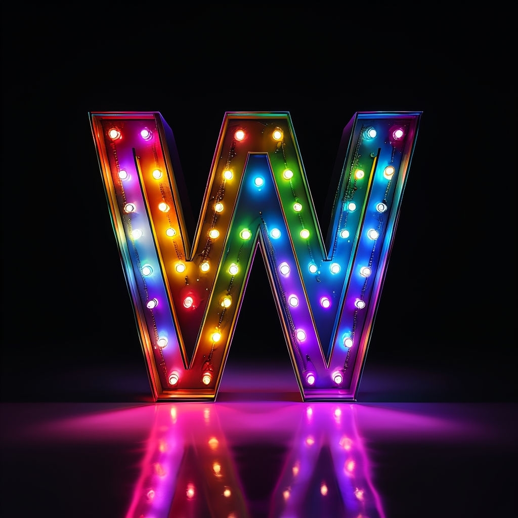 Vibrant 3D Rainbow W Letter with Neon Lights Art Print Monogram