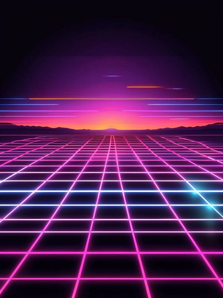 Neon Retro 80s Grid Sunset Mobile Wallpaper