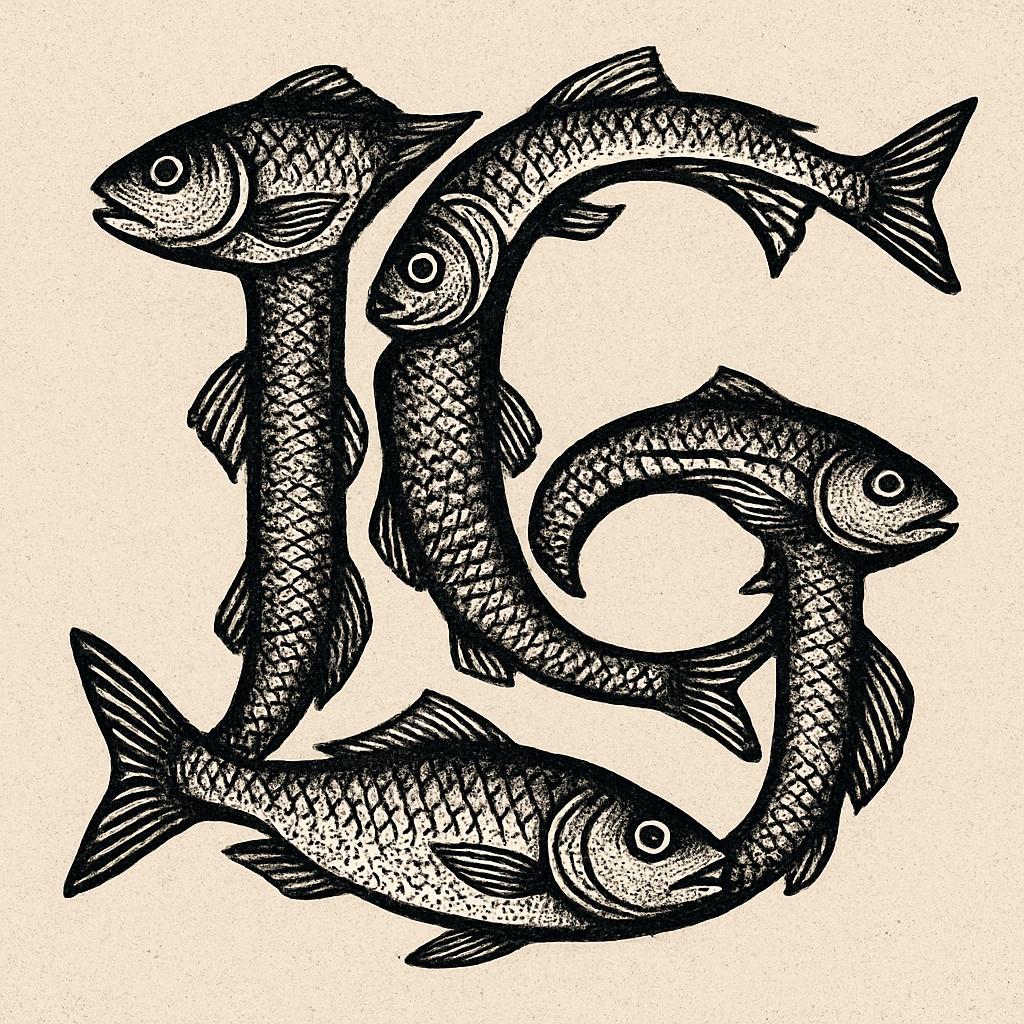Intricate Vintage Fish 16 Monogram Illustration on Beige Background Monogram