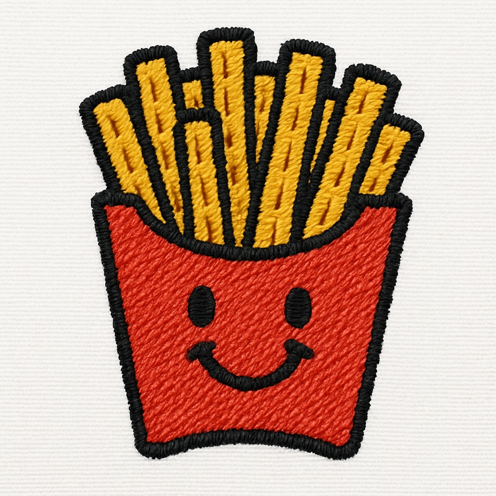 Embroidered Playful French Fry Hat Design on White Fabric