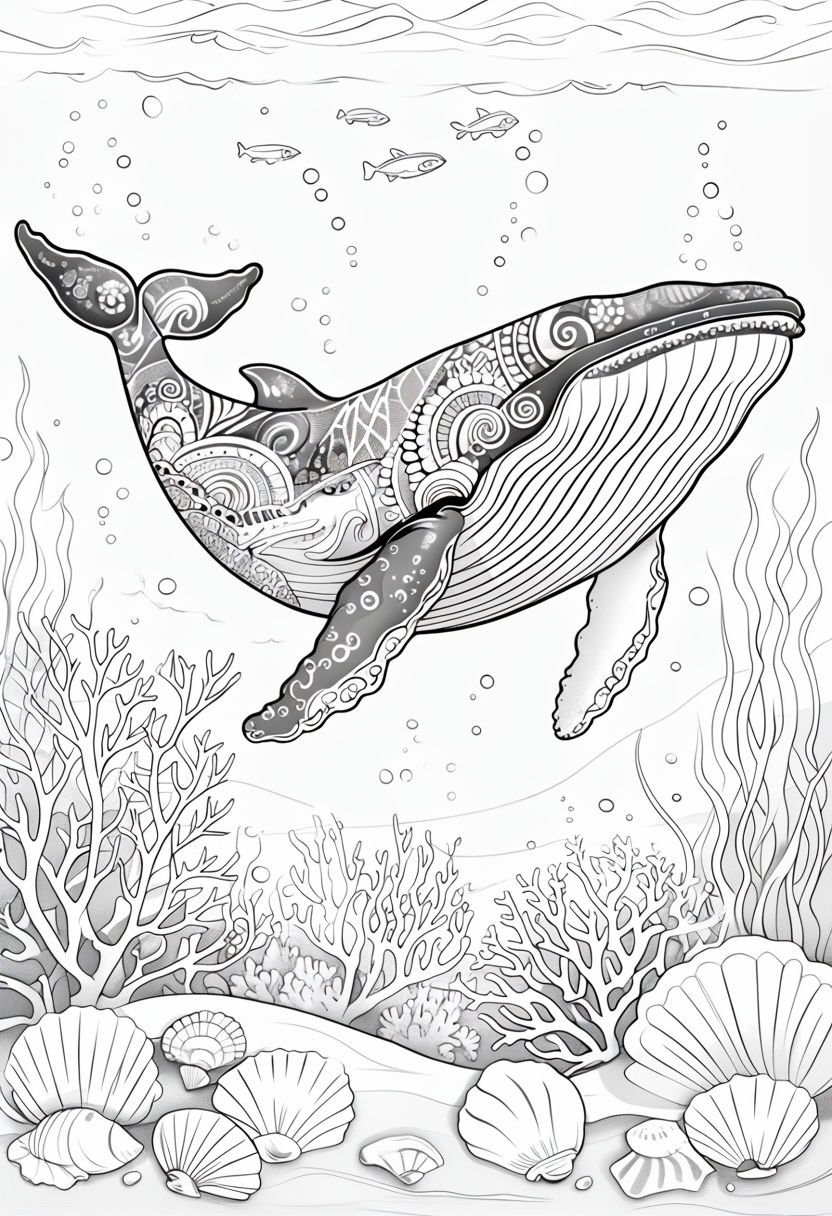 Serene Cartoon Underwater Whale Coloring Book Page